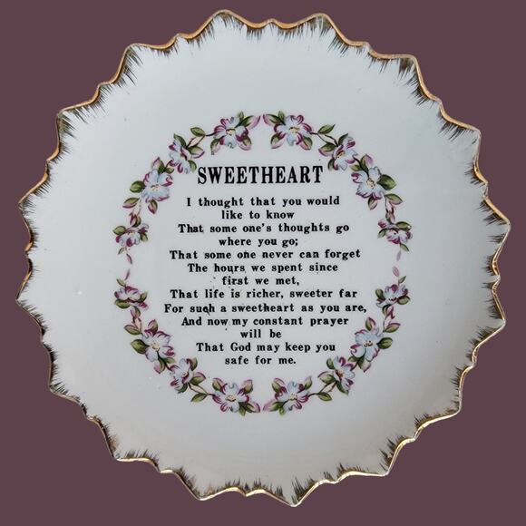Vintage 1950s SWEETHEART Decorative Plate with Poem, Flowers and Gold Trim - Picture 1 of 5
